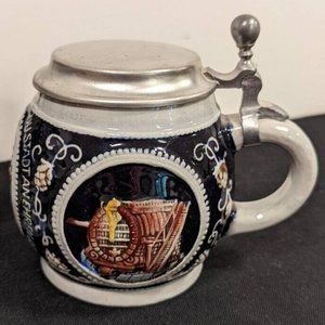 Vintage Stoneware German Stein with Brass Lid